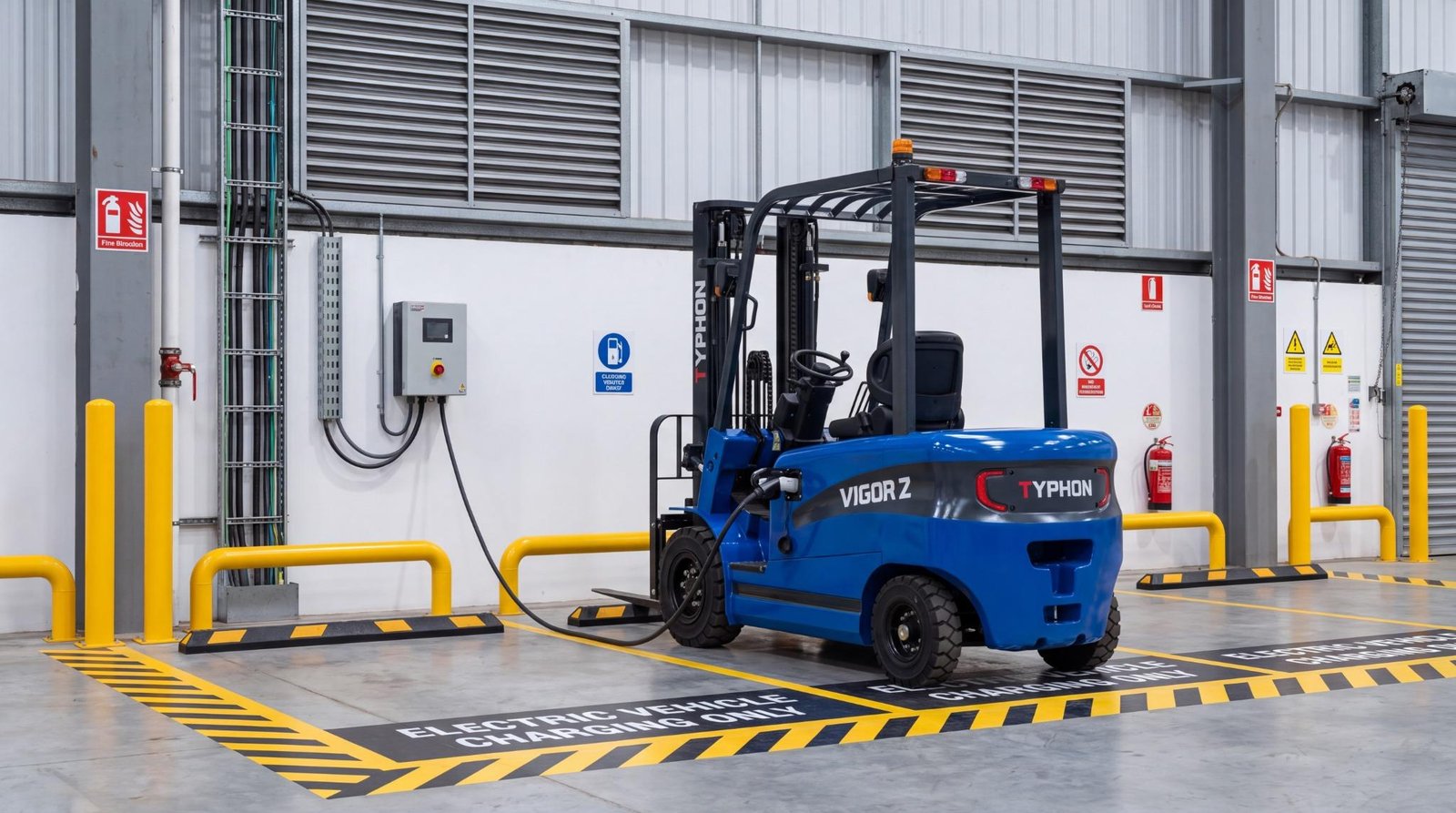 Electric forklift parked safely in a designated warehouse charging area.