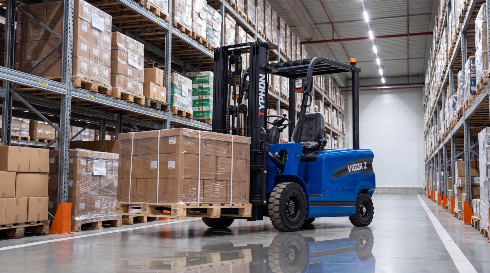 Electric forklift moving a secured pallet through a modern warehouse aisle.