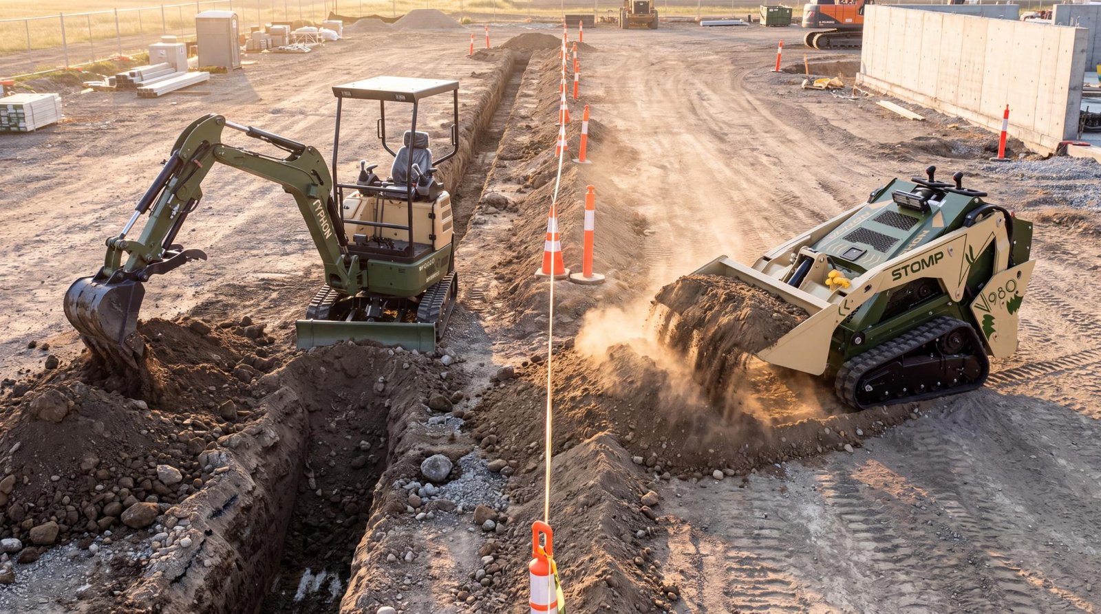 Mini excavator trenching while a skid steer moves excavated soil on the same jobsite.