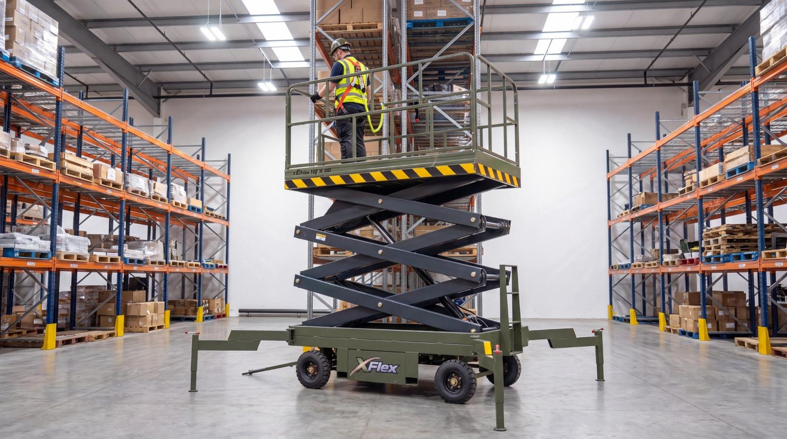 Scissor lift elevated in a warehouse with a trained worker inside the guarded platform.