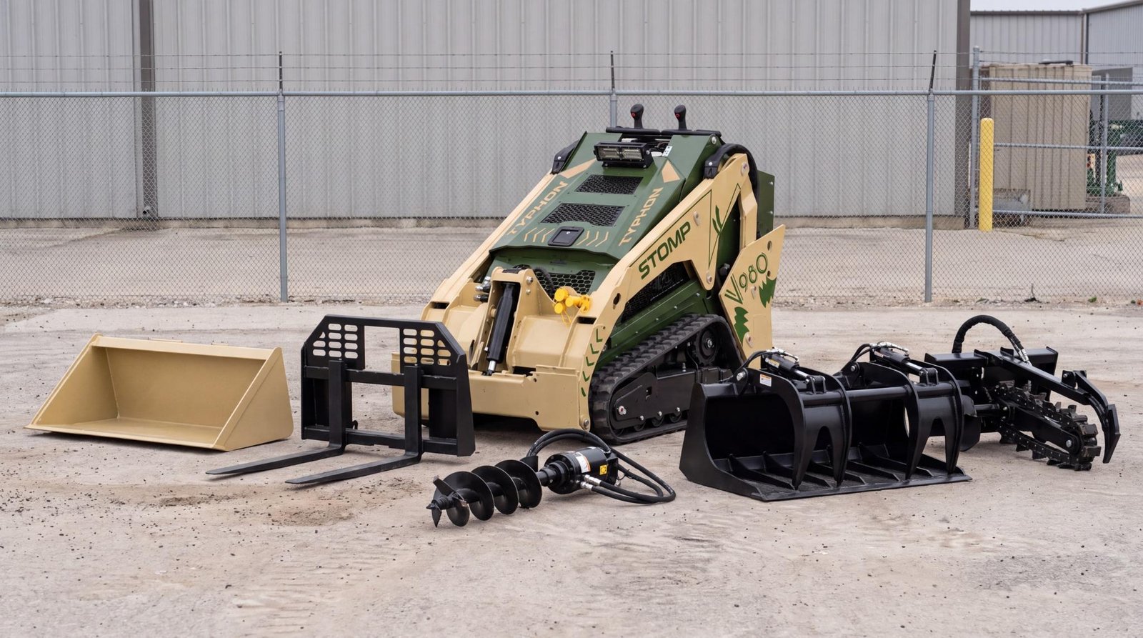 Skid steer displayed with bucket, pallet forks, auger, grapple, and trencher attachments.